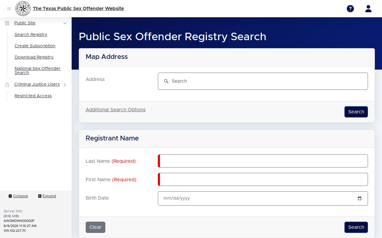 Dimmit County sex offender registry search form from Texas DPS
